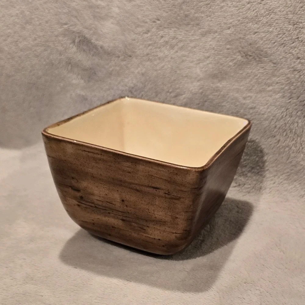 Vintage Embossed Peach Daisy Ceramic‎ Square Bowl Brown Rustic Kitchen Decor